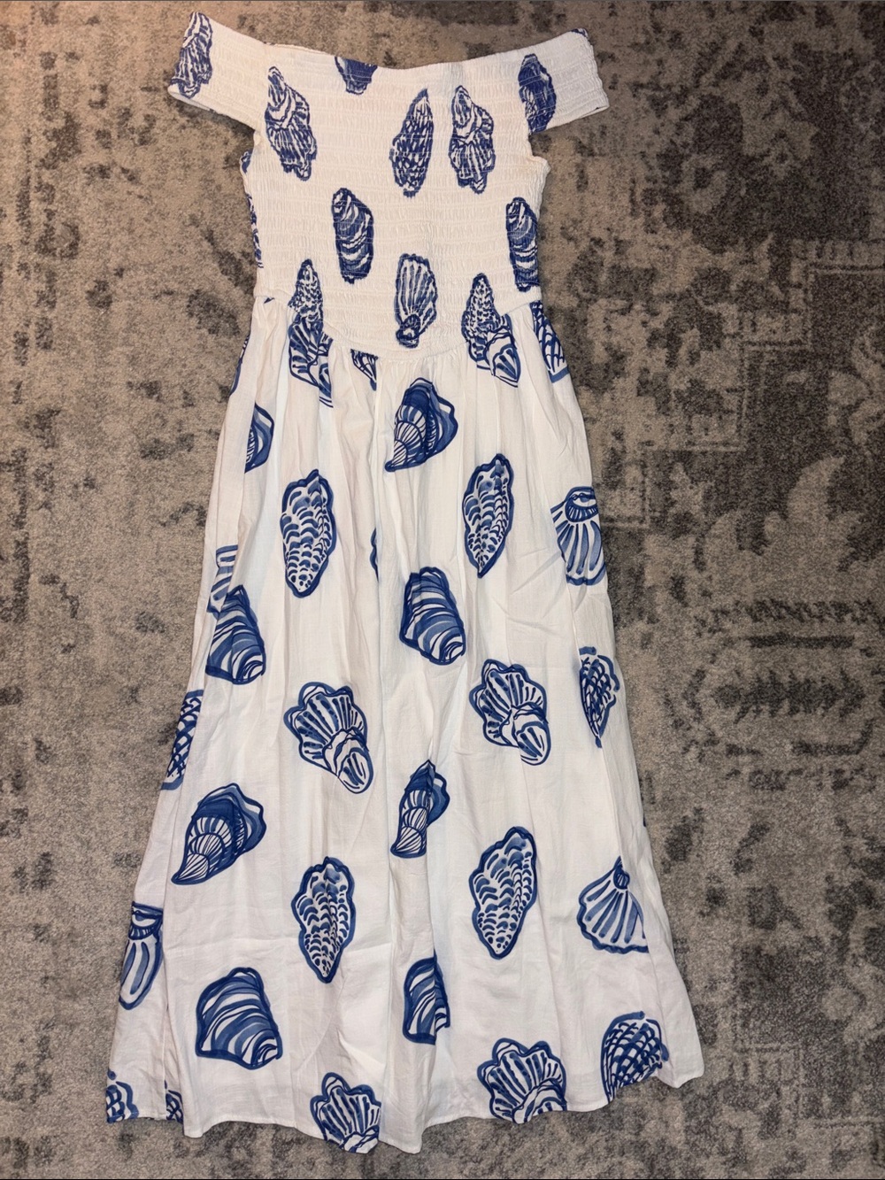 White Off-Shoulder Midi Dress with Blue Shell Motif